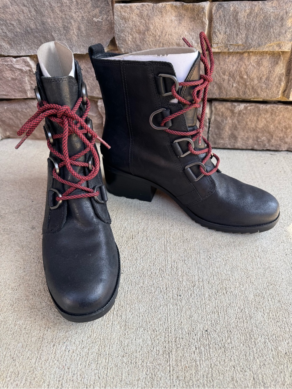 Sorel Cate Lace Ankle Block Heel Boots Black Leather Lace-Up Utility Moto Gorp - Picture 9 of 11
